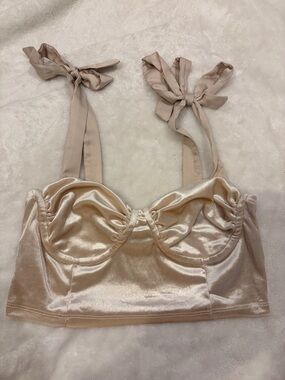 Garage Satin Tie-Strap Crop Top in Champagne